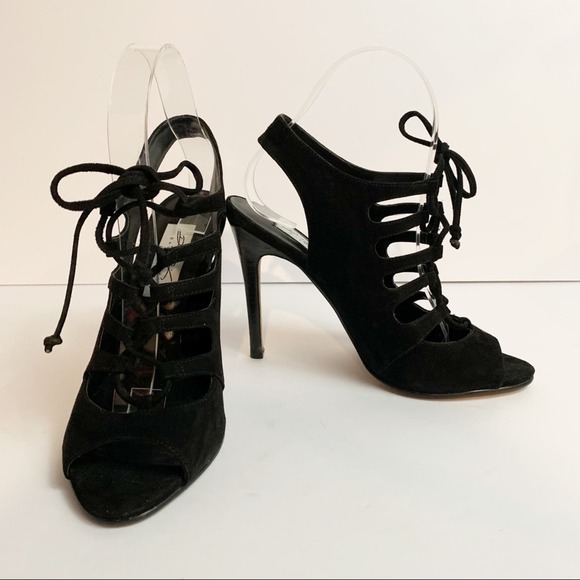 David Dixon Black Velvet Tie Up Front Cage Heel Women’s Size 7 - Picture 11 of 13